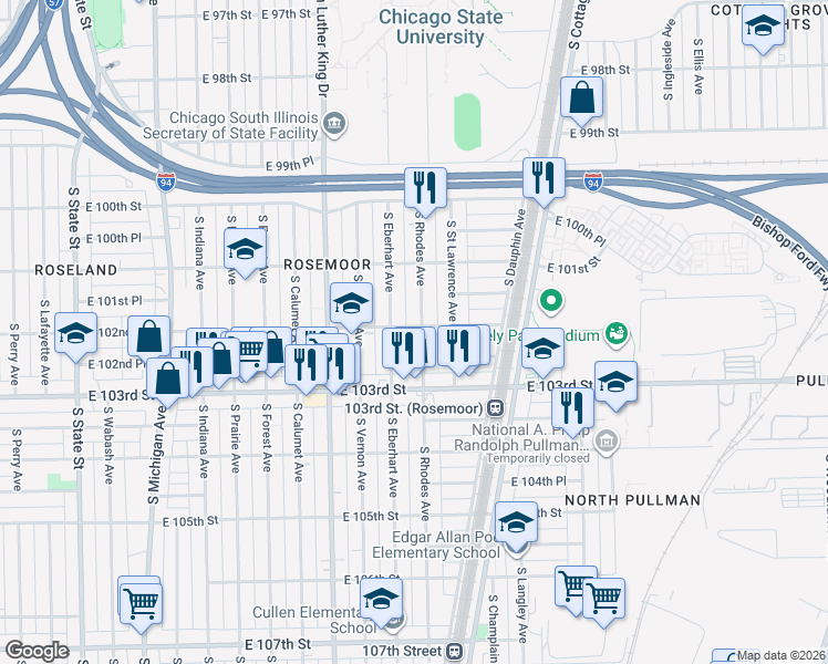 map of restaurants, bars, coffee shops, grocery stores, and more near 10200 South Rhodes Avenue in Chicago