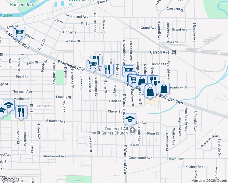 map of restaurants, bars, coffee shops, grocery stores, and more near 205 South Woodland Avenue in Michigan City