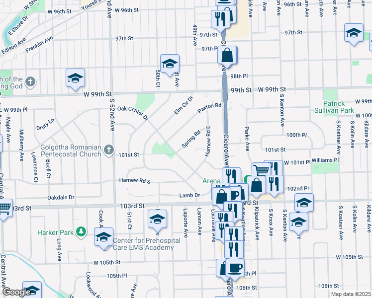 map of restaurants, bars, coffee shops, grocery stores, and more near 4955 Spring Road in Oak Lawn