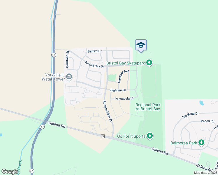 map of restaurants, bars, coffee shops, grocery stores, and more near 303 Bertram Drive in Yorkville