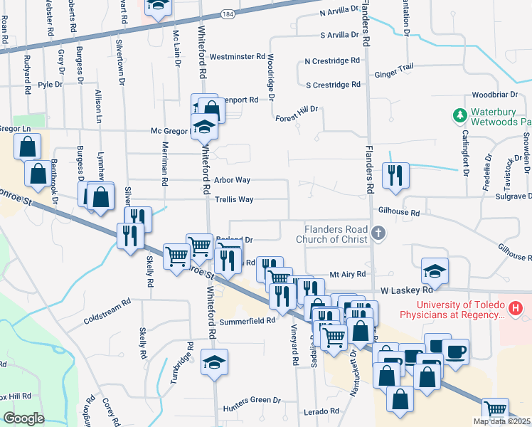 map of restaurants, bars, coffee shops, grocery stores, and more near 4950 Maryhill Road in Sylvania