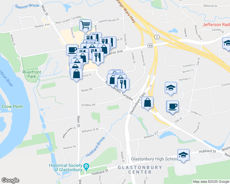 map of restaurants, bars, coffee shops, grocery stores, and more near 364 New London Turnpike in Glastonbury