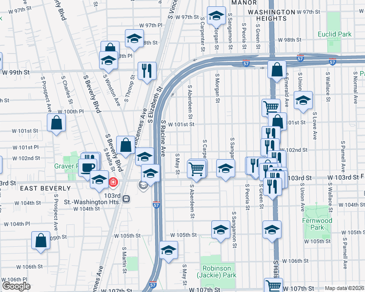 map of restaurants, bars, coffee shops, grocery stores, and more near 1116 West 102nd Street in Chicago