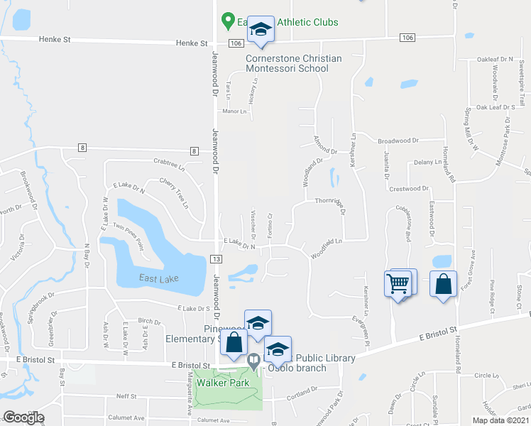 map of restaurants, bars, coffee shops, grocery stores, and more near 1729 Fortino Court in Elkhart