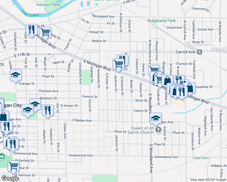 map of restaurants, bars, coffee shops, grocery stores, and more near 217 Jackson Street in Michigan City