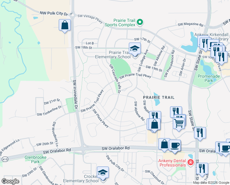 map of restaurants, bars, coffee shops, grocery stores, and more near 2056 Southwest Cascade Falls Drive in Ankeny