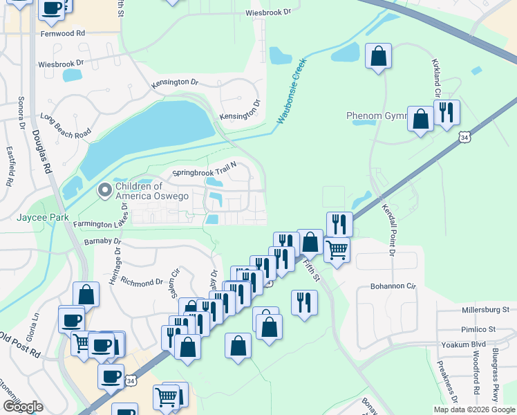 map of restaurants, bars, coffee shops, grocery stores, and more near 343 Springbrook Trail South in Oswego