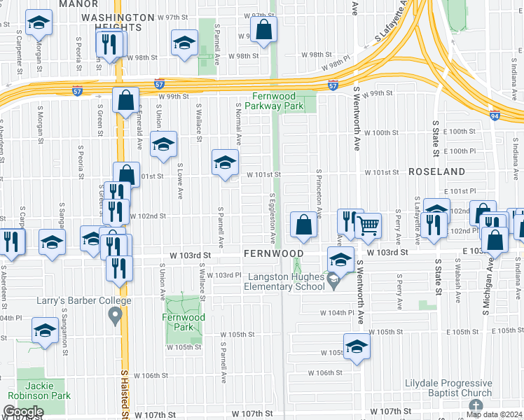 map of restaurants, bars, coffee shops, grocery stores, and more near 414 West 102nd Street in Chicago