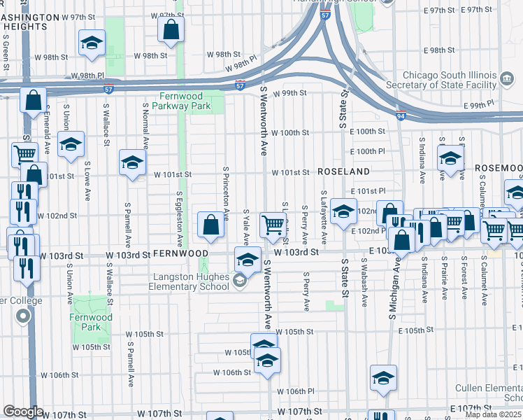 map of restaurants, bars, coffee shops, grocery stores, and more near 10156 South Wentworth Avenue in Chicago