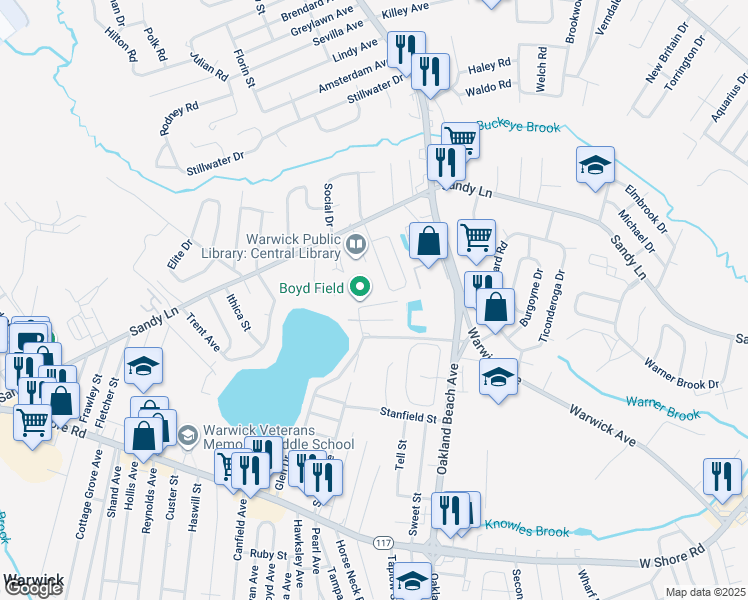 map of restaurants, bars, coffee shops, grocery stores, and more near 35 Waterview Avenue in Warwick