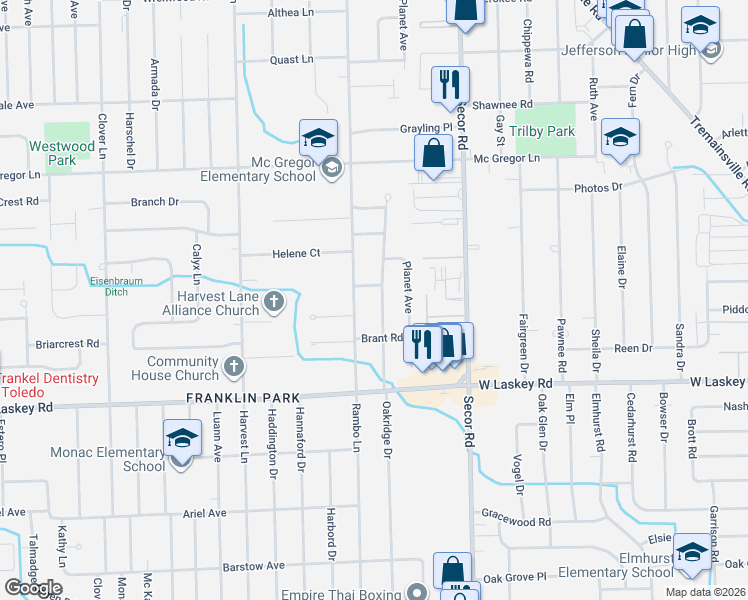 map of restaurants, bars, coffee shops, grocery stores, and more near 5141 Oakridge Dr in Toledo