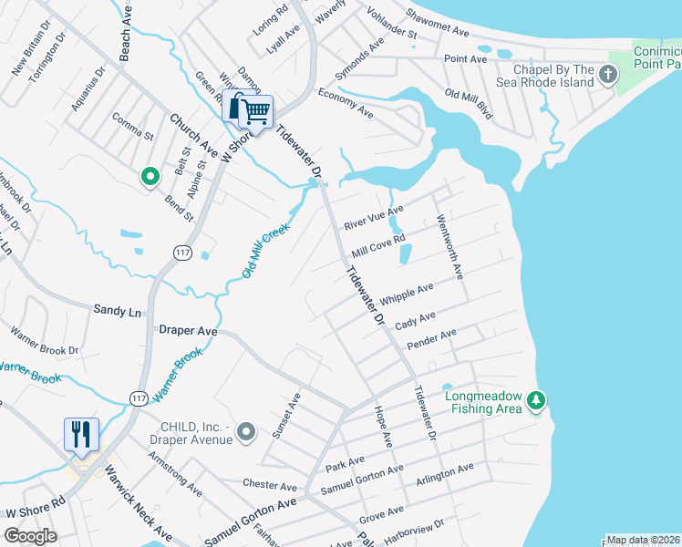 map of restaurants, bars, coffee shops, grocery stores, and more near 217 Tidewater Dr in Warwick
