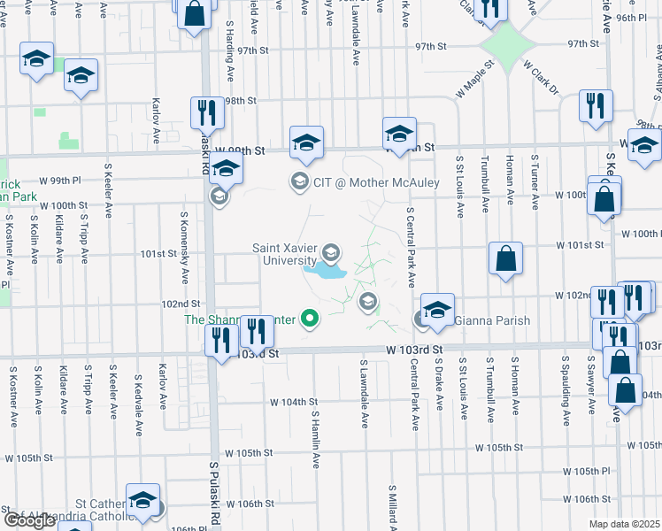 map of restaurants, bars, coffee shops, grocery stores, and more near 3700 West 103rd Street in Chicago