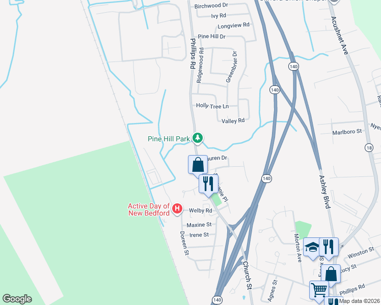 map of restaurants, bars, coffee shops, grocery stores, and more near 1475 Phillips Road in New Bedford