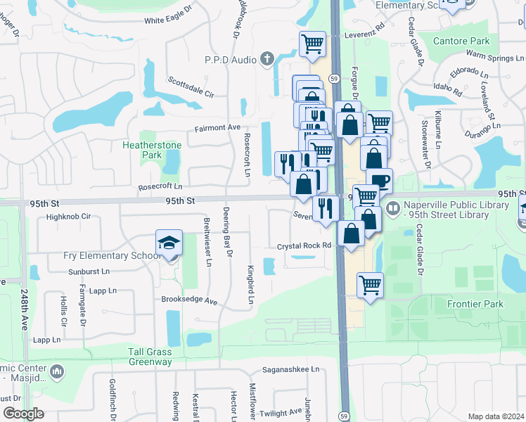 map of restaurants, bars, coffee shops, grocery stores, and more near 3045 Serenity Lane in Naperville