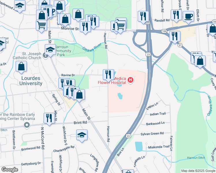 map of restaurants, bars, coffee shops, grocery stores, and more near 5200 Harroun Road in Sylvania