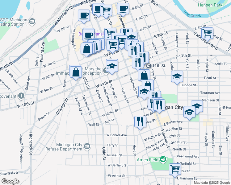 map of restaurants, bars, coffee shops, grocery stores, and more near 1219 Buffalo Street in Michigan City