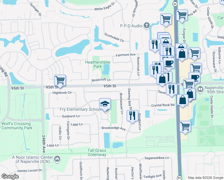 map of restaurants, bars, coffee shops, grocery stores, and more near 3533 Breitwieser Lane in Naperville
