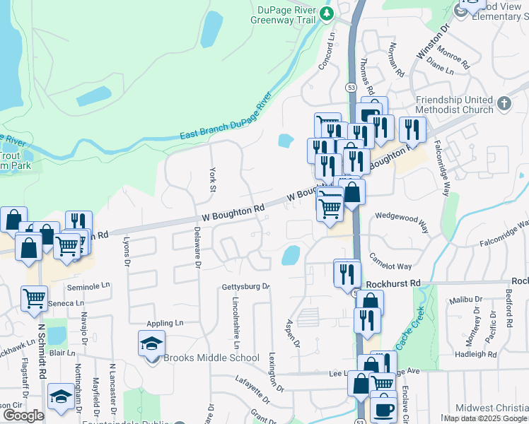 map of restaurants, bars, coffee shops, grocery stores, and more near 210 Granada Court in Bolingbrook