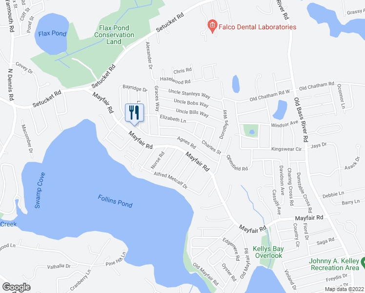 map of restaurants, bars, coffee shops, grocery stores, and more near 222 Mayfair Road in Dennis