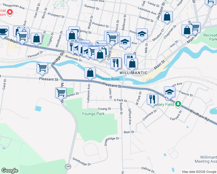 map of restaurants, bars, coffee shops, grocery stores, and more near 154 Pleasant Street in Windham