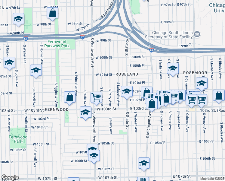 map of restaurants, bars, coffee shops, grocery stores, and more near 10159 South Perry Avenue in Chicago