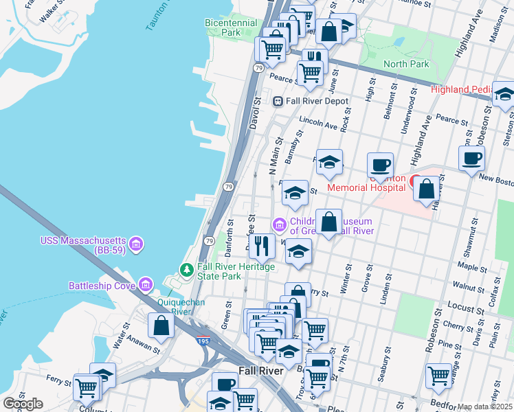 map of restaurants, bars, coffee shops, grocery stores, and more near 481 Durfee Street in Fall River