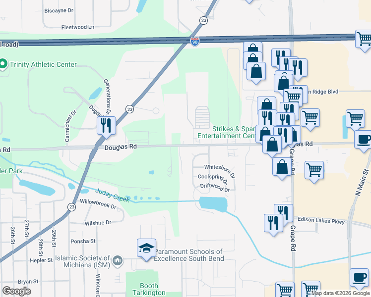 map of restaurants, bars, coffee shops, grocery stores, and more near 17000-17020 Douglas Road in South Bend