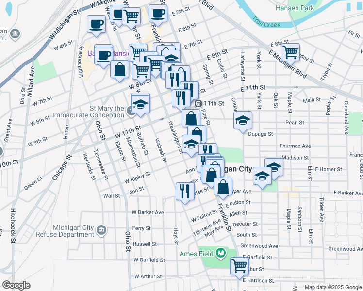 map of restaurants, bars, coffee shops, grocery stores, and more near 1315 Washington Street in Michigan City