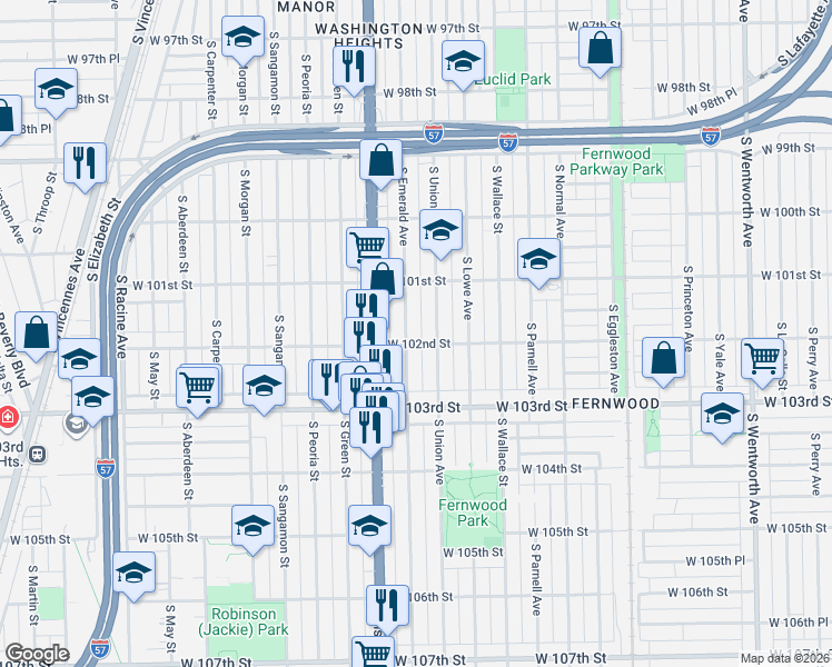 map of restaurants, bars, coffee shops, grocery stores, and more near 10152 South Emerald Avenue in Chicago
