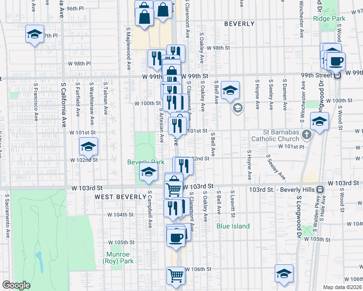 map of restaurants, bars, coffee shops, grocery stores, and more near 10137 South Western Avenue in Chicago