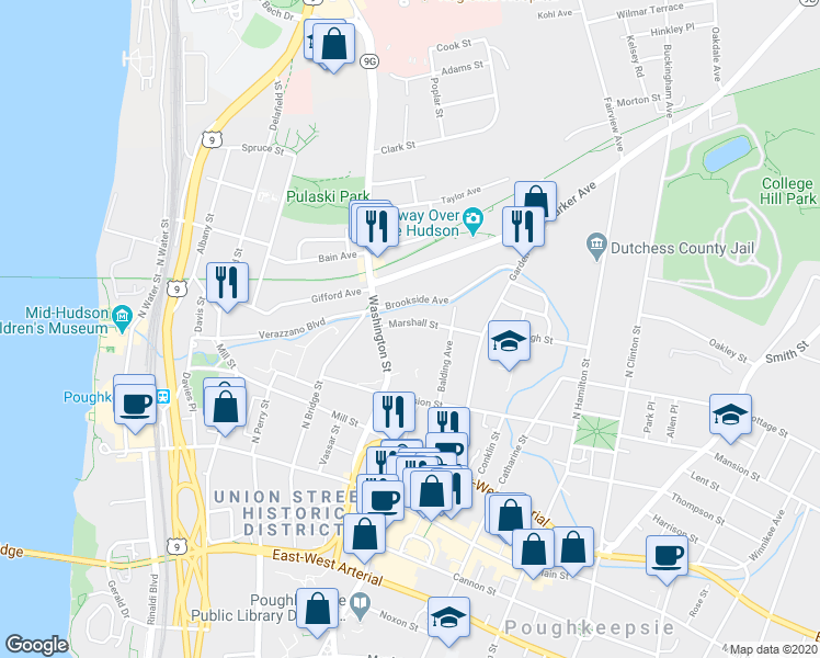 map of restaurants, bars, coffee shops, grocery stores, and more near 26 Marshall Street in Poughkeepsie