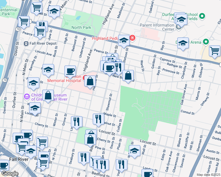 map of restaurants, bars, coffee shops, grocery stores, and more near 126 Summerfield Street in Fall River
