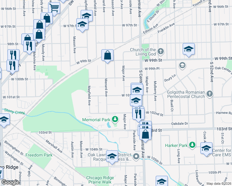 map of restaurants, bars, coffee shops, grocery stores, and more near 5746 West 101st Street in Oak Lawn
