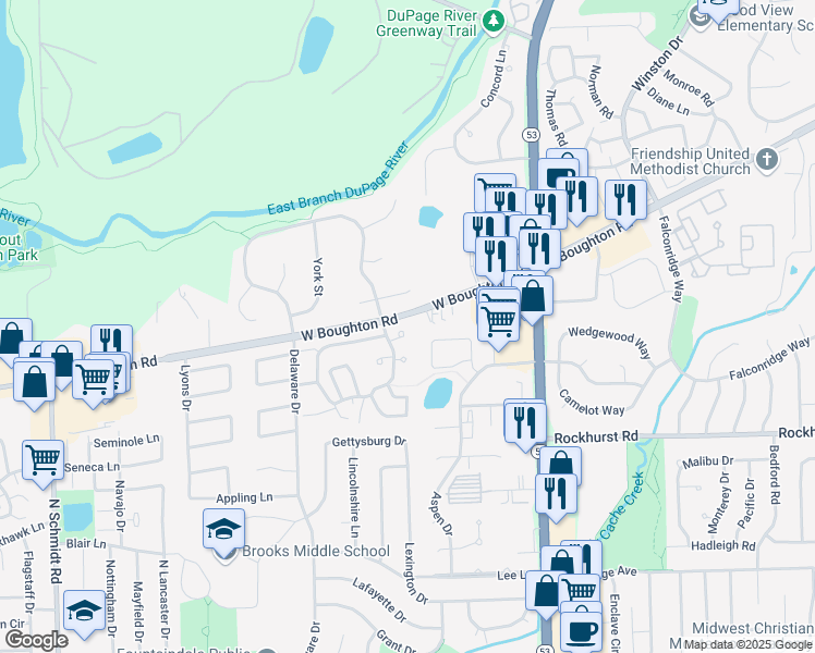 map of restaurants, bars, coffee shops, grocery stores, and more near 210 Granada Court in Bolingbrook