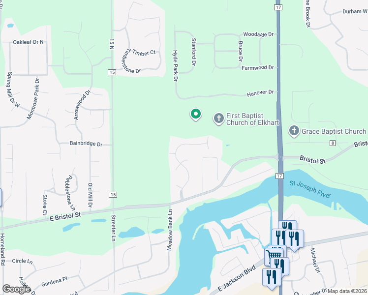 map of restaurants, bars, coffee shops, grocery stores, and more near 22430 Stonebridge Drive in Elkhart