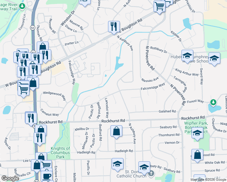 map of restaurants, bars, coffee shops, grocery stores, and more near 320 Falconridge Way in Bolingbrook