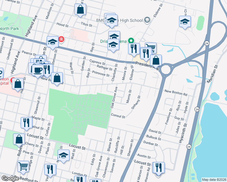 map of restaurants, bars, coffee shops, grocery stores, and more near 90 Williamson Street in Fall River
