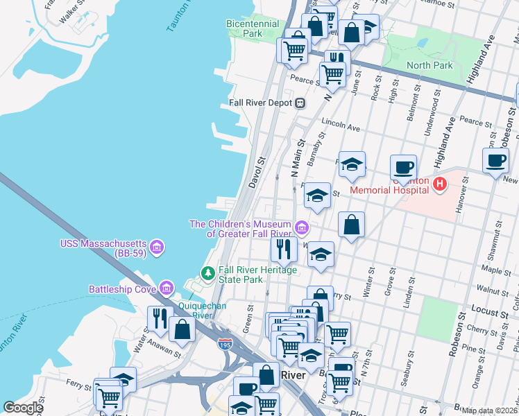 map of restaurants, bars, coffee shops, grocery stores, and more near 287 Danforth Street in Fall River