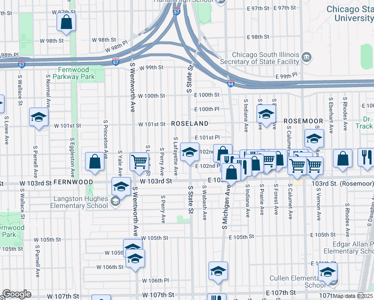 map of restaurants, bars, coffee shops, grocery stores, and more near 10156 South State Street in Chicago