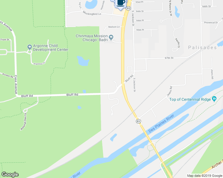map of restaurants, bars, coffee shops, grocery stores, and more near 16W580 Bluff Road in Lemont