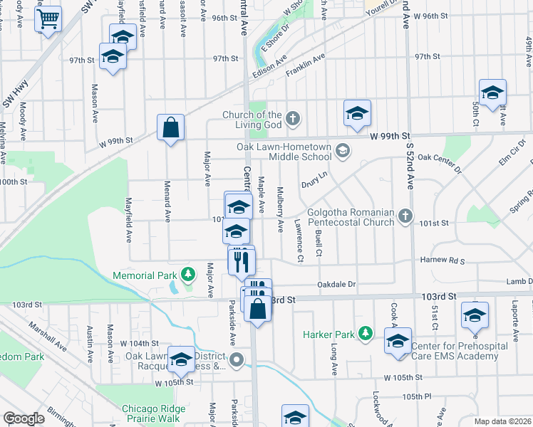 map of restaurants, bars, coffee shops, grocery stores, and more near 5548 Oak Center Drive in Oak Lawn