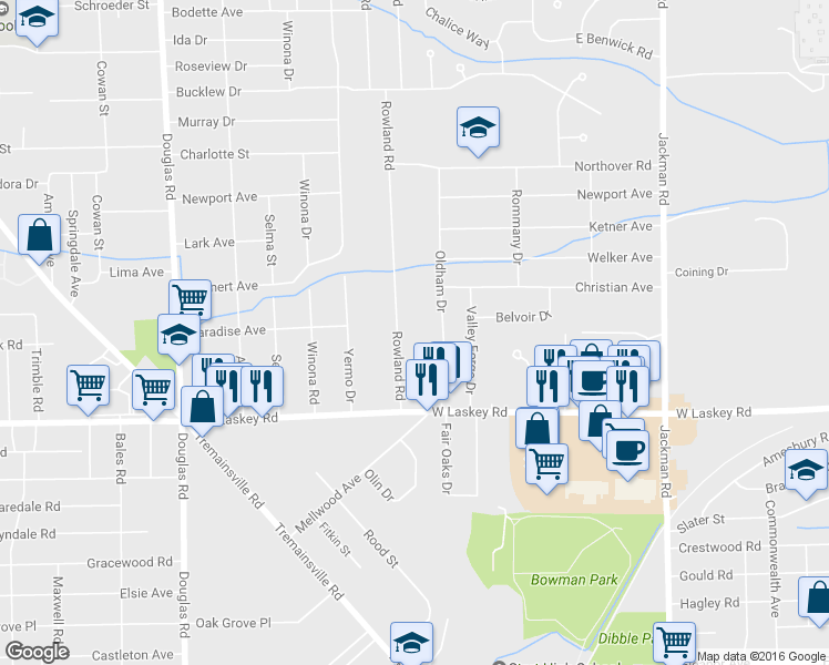 map of restaurants, bars, coffee shops, grocery stores, and more near 5116 Rowland Road in Toledo