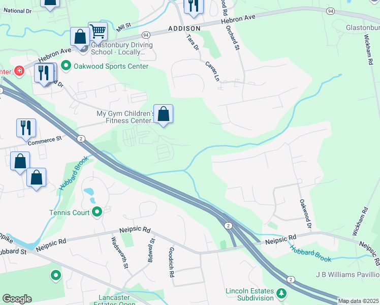 map of restaurants, bars, coffee shops, grocery stores, and more near 341 Oakwood Drive in Glastonbury