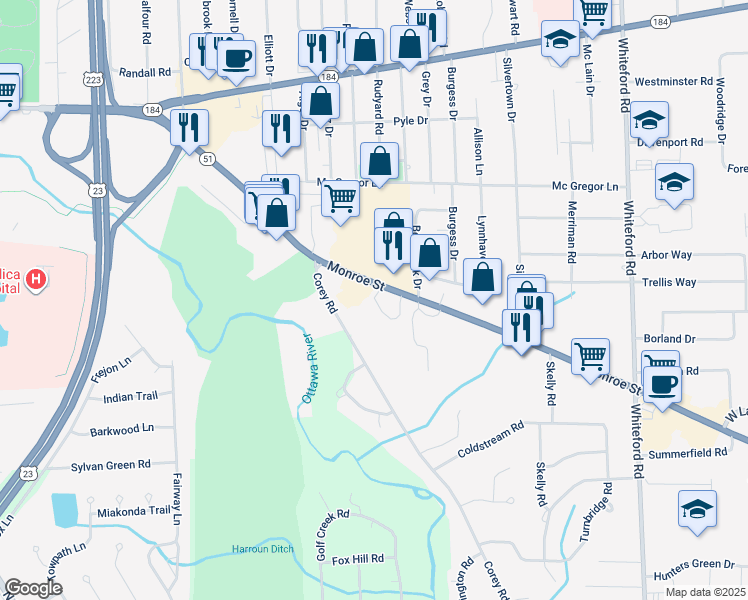 map of restaurants, bars, coffee shops, grocery stores, and more near 5731 Corey Cove in Sylvania