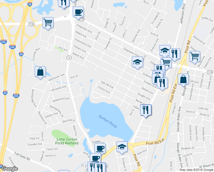 map of restaurants, bars, coffee shops, grocery stores, and more near 28 Oak Hill Avenue in Warwick