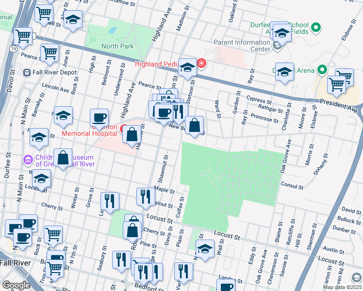 map of restaurants, bars, coffee shops, grocery stores, and more near 215 Stetson St in Fall River