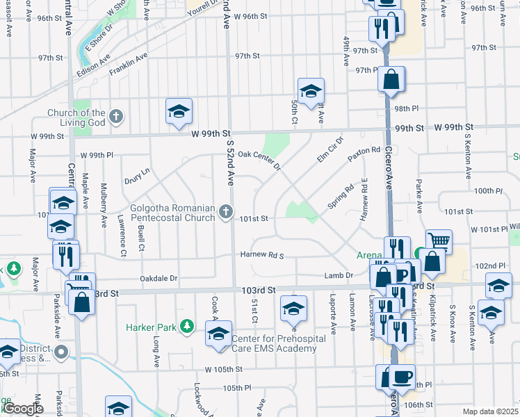 map of restaurants, bars, coffee shops, grocery stores, and more near 5112 West 101st Street in Oak Lawn