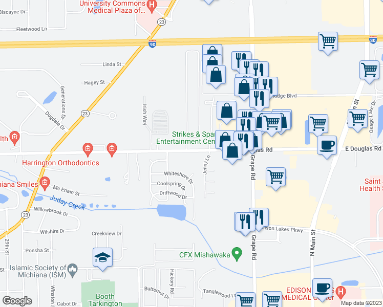 map of restaurants, bars, coffee shops, grocery stores, and more near 801 West Douglas Road in South Bend