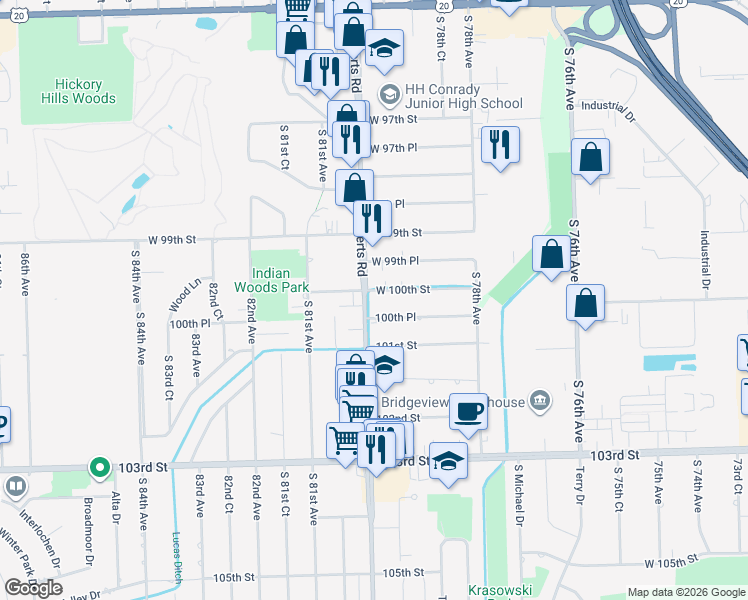 map of restaurants, bars, coffee shops, grocery stores, and more near 10003 South Roberts Road in Palos Hills